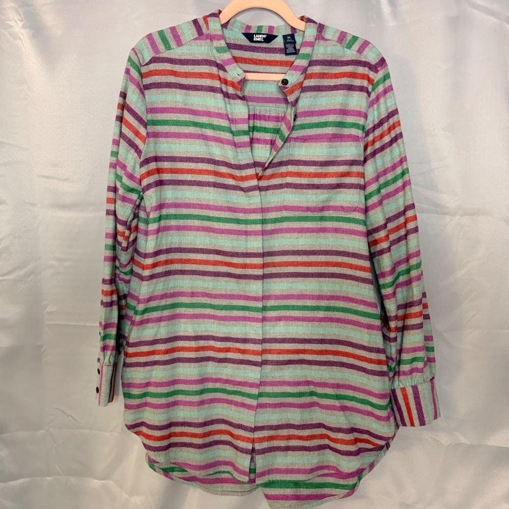Lands End Womens Flannel Tunic Shirt Band‎ Collar Multi Stripe Size M 10-12
